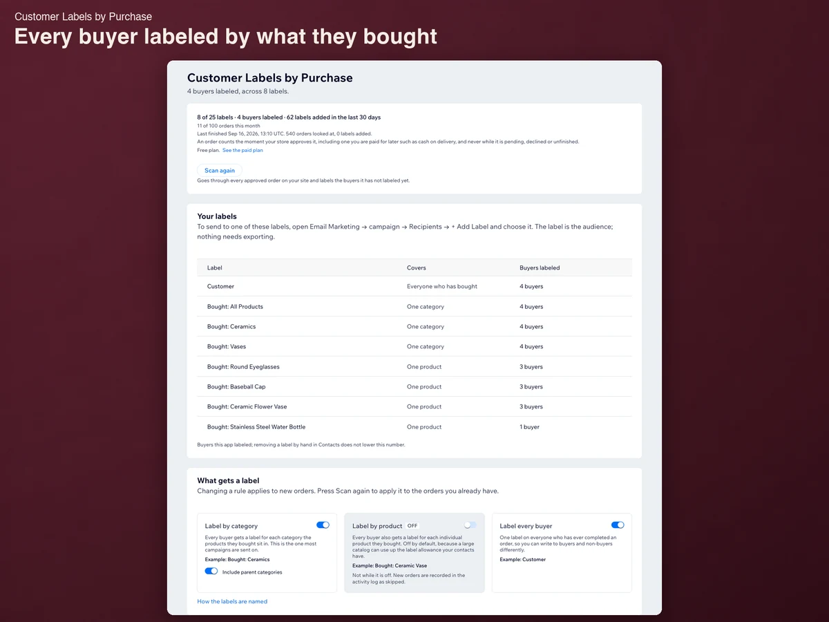 Der Startbildschirm von Customer Labels by Purchase: die Übersicht mit acht Labels und vier Käufern, die Schaltfläche Scan again, die Label-Tabelle und die drei Regelkarten