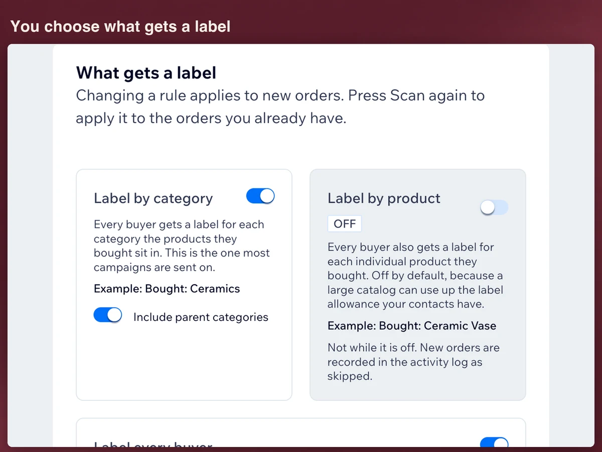 Die Karte What gets a label: die Kategorieregel ist an, darunter Include parent categories, und die Produktregel ist aus, mit einem OFF-Abzeichen