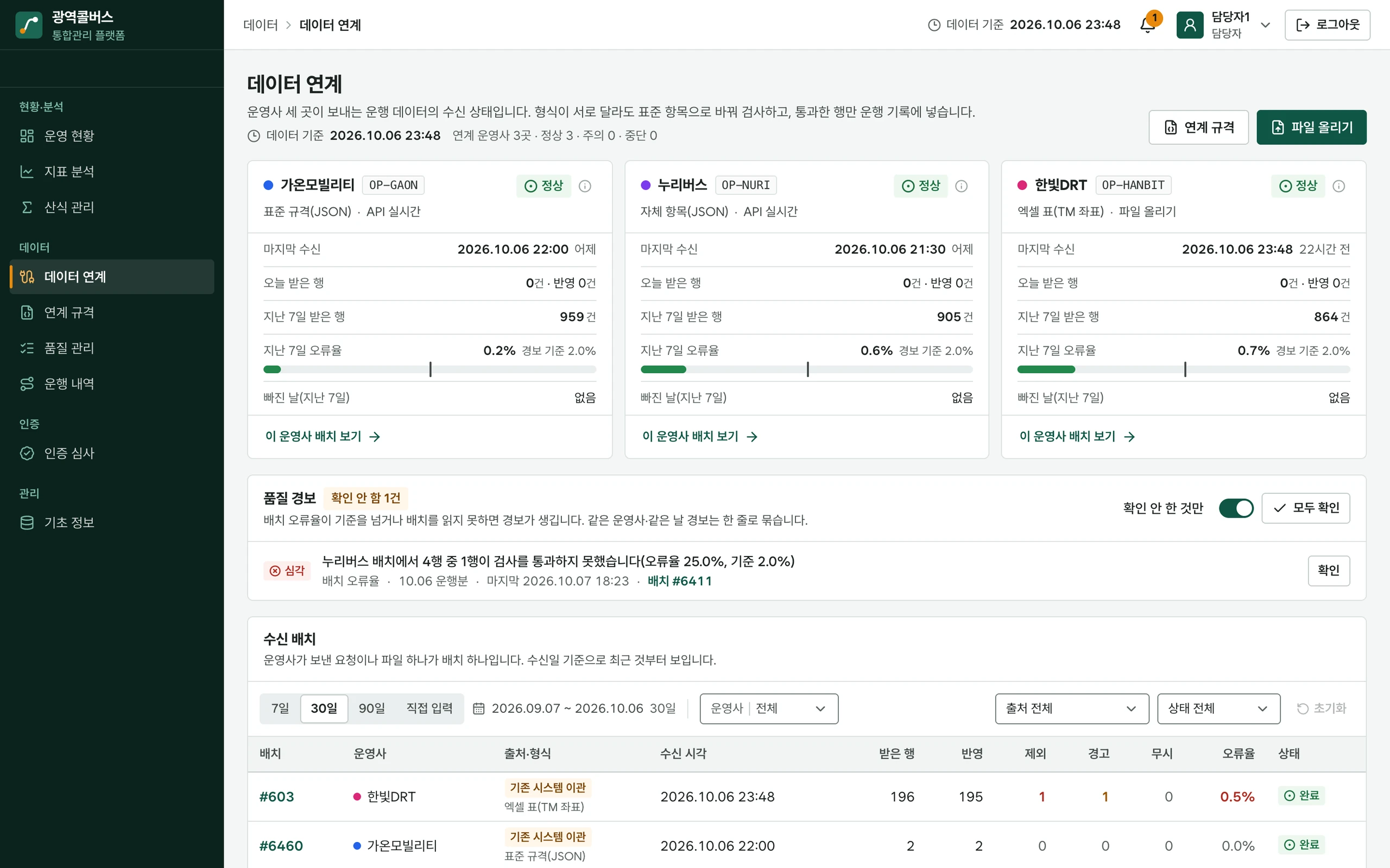 광역콜버스 통합관리 플랫폼 제품 화면