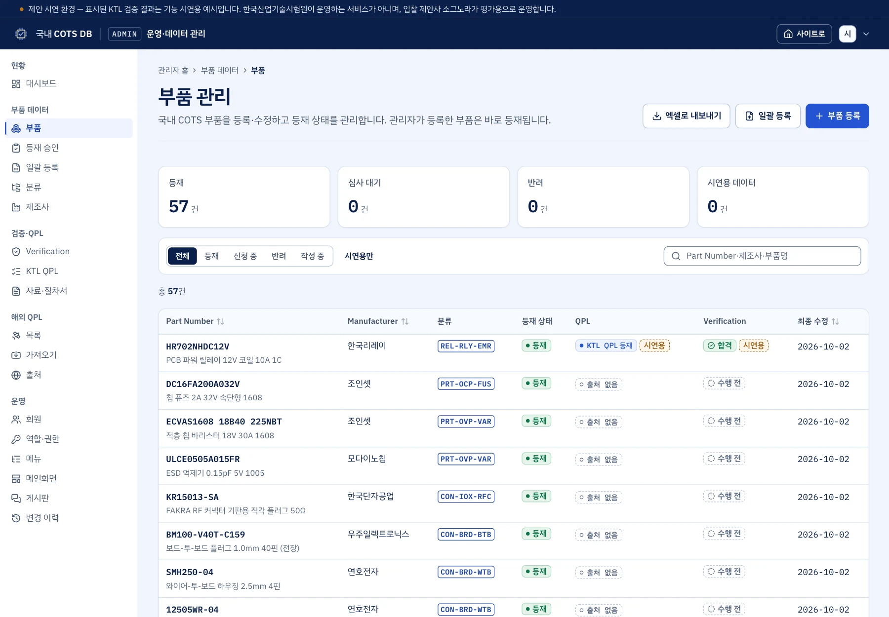 부품 검증 DB 부품 등록·등재 관리 · 예시 데이터