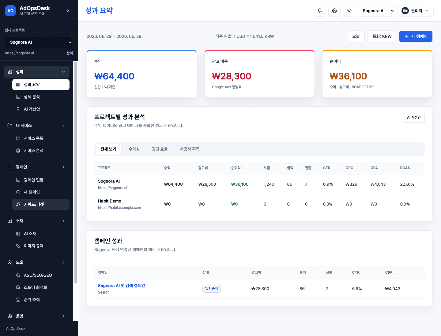 AdOpsDesk 성과 요약 대시보드