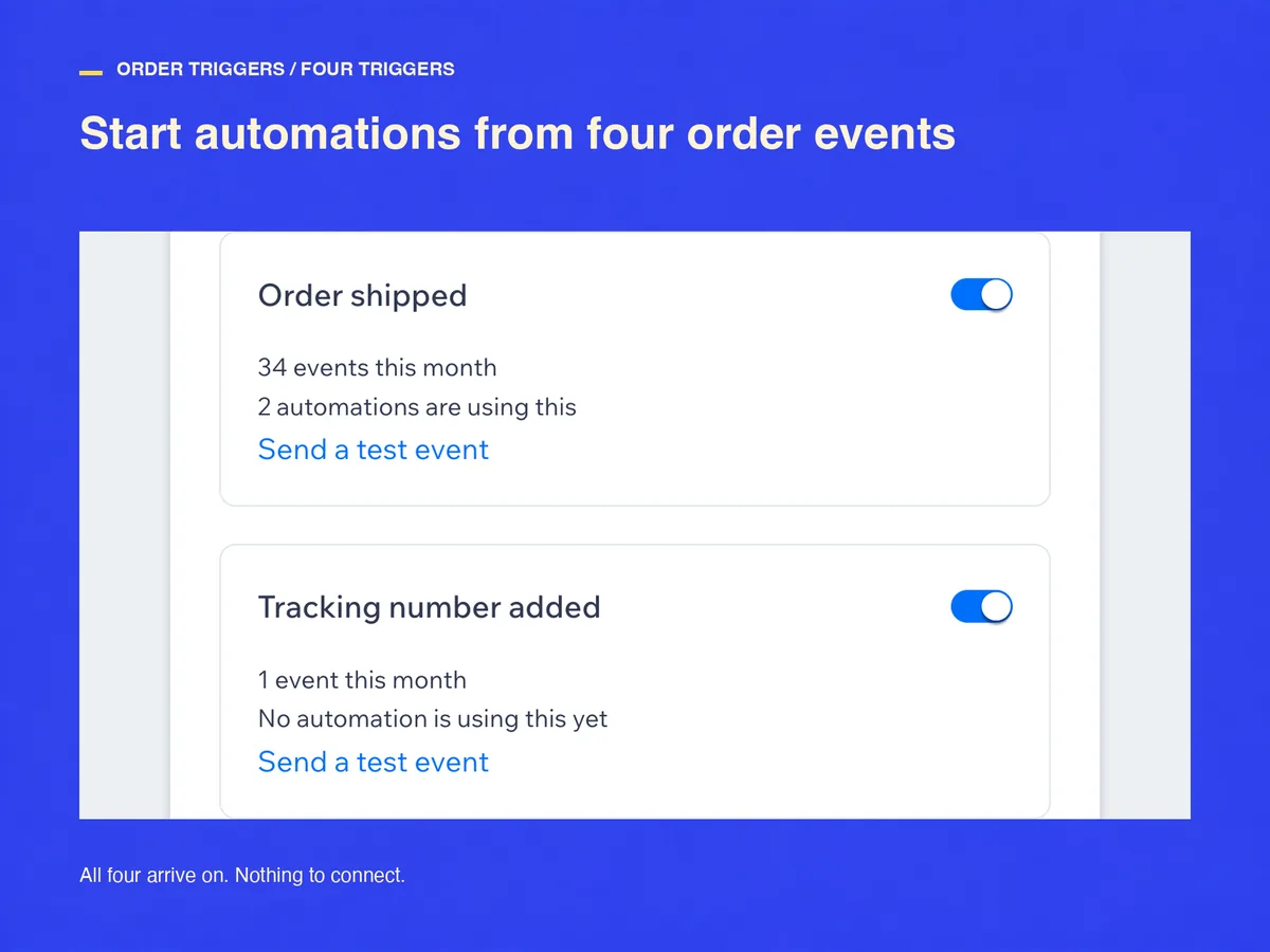 Order shipped와 Tracking number added 두 트리거 타일이 각각 켜진 채로, 이번 달 발화 수·이 트리거를 쓰는 오토메이션 수·Send a test event 링크를 보여주는 홈 화면