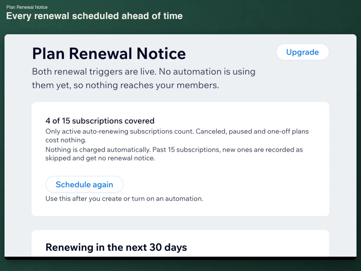 커버 중인 구독 4/15건, Schedule again 버튼, 앞으로 30일 갱신 목록의 시작이 보이는 Plan Renewal Notice 홈 화면