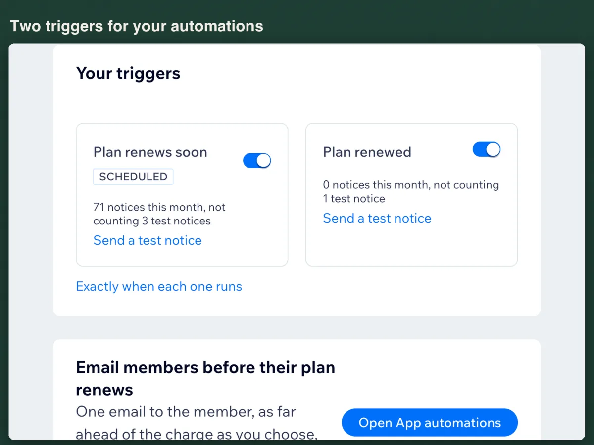 Plan renews soon과 Plan renewed 트리거가 각각 스위치와 테스트 발송 링크를 달고 있는 Your triggers 카드, 아래에 Open App automations 버튼