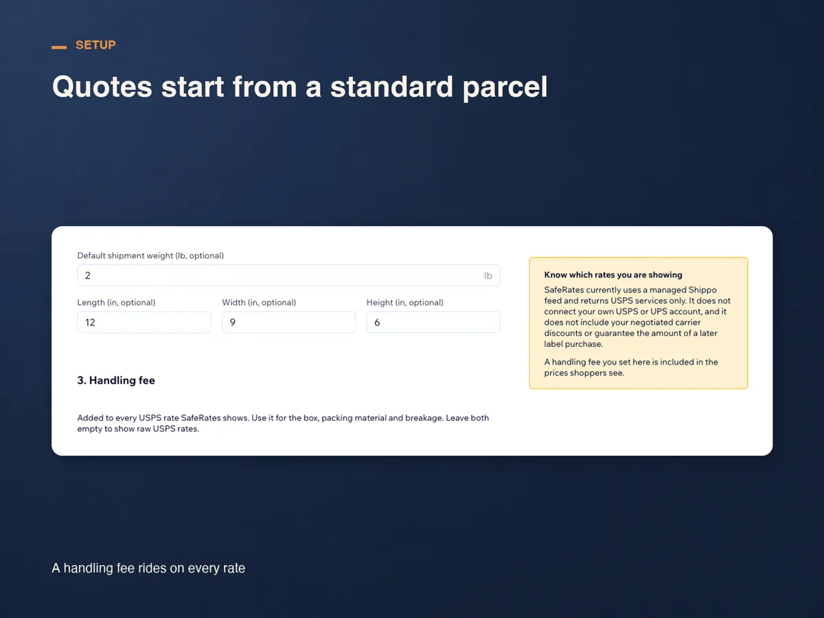 The SafeRates settings screen with a default shipment weight, the length, width and height of the parcel, and the handling fee explained beside them